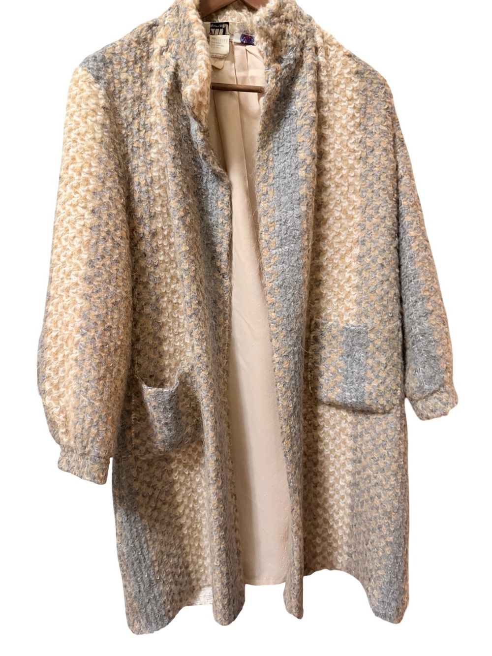 Vintage 50s or 60s Wool-Blend Open Front Women's Sweater Coat - Cream & Gray